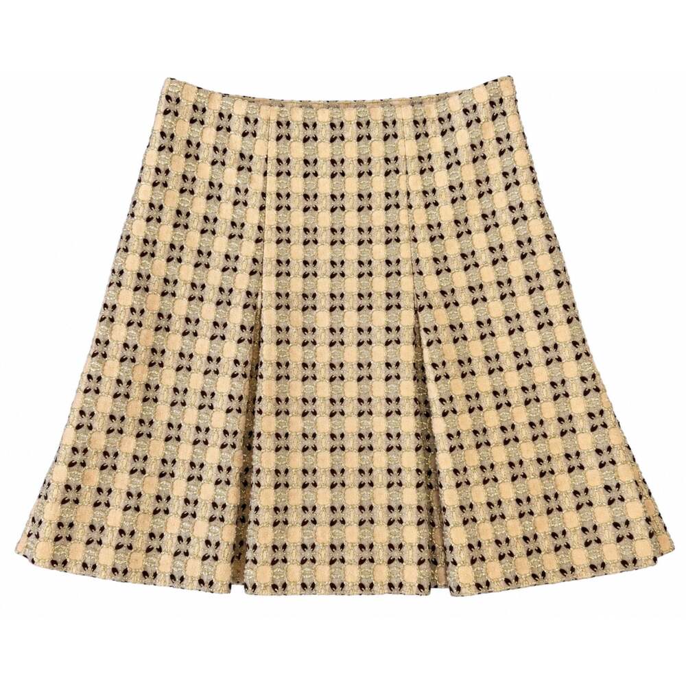 Prada Vintage SS02 Gold & Brown Lurex Brocade Pleated Midi Skirt Size IT 42